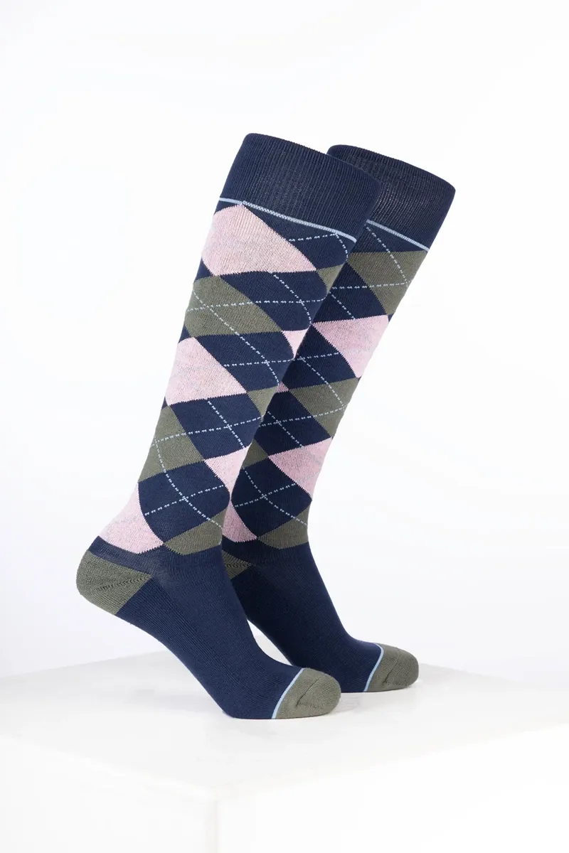 Rydale Junior Bamboo Rich Argyle Riding Socks Pack of Ten - Argyle Navy/Soft Pink/Thyme