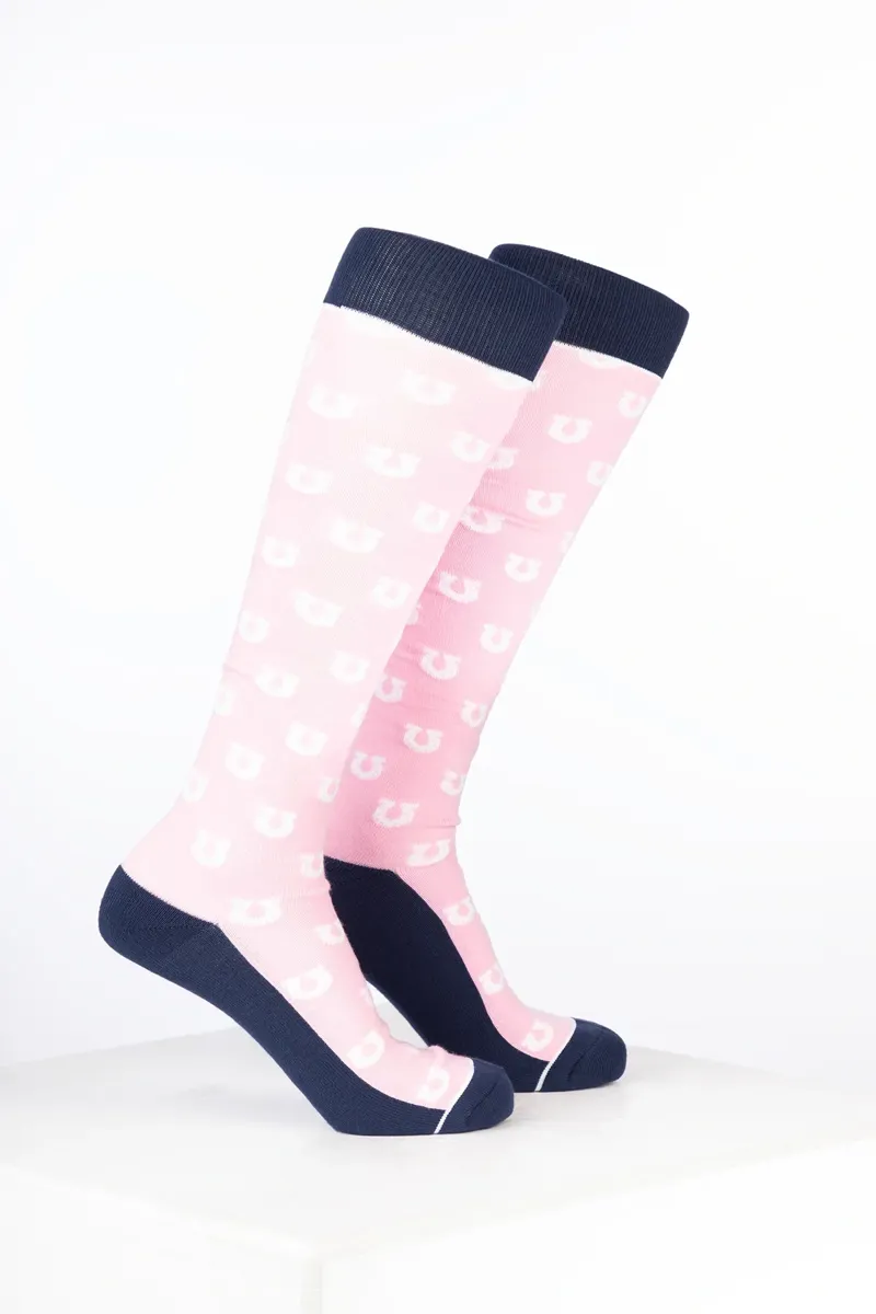 Rydale Womens Bamboo Rich Equestrian Print Riding Socks Pack of Ten - Horseshoe Soft Pink
