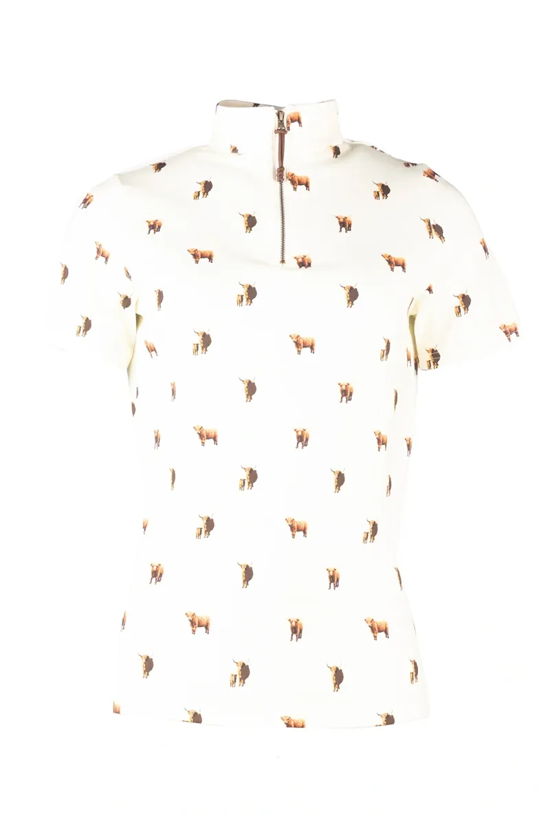Rydale Ladies Foxholes Short Sleeved 1/4 Zip Top - Highland Cow