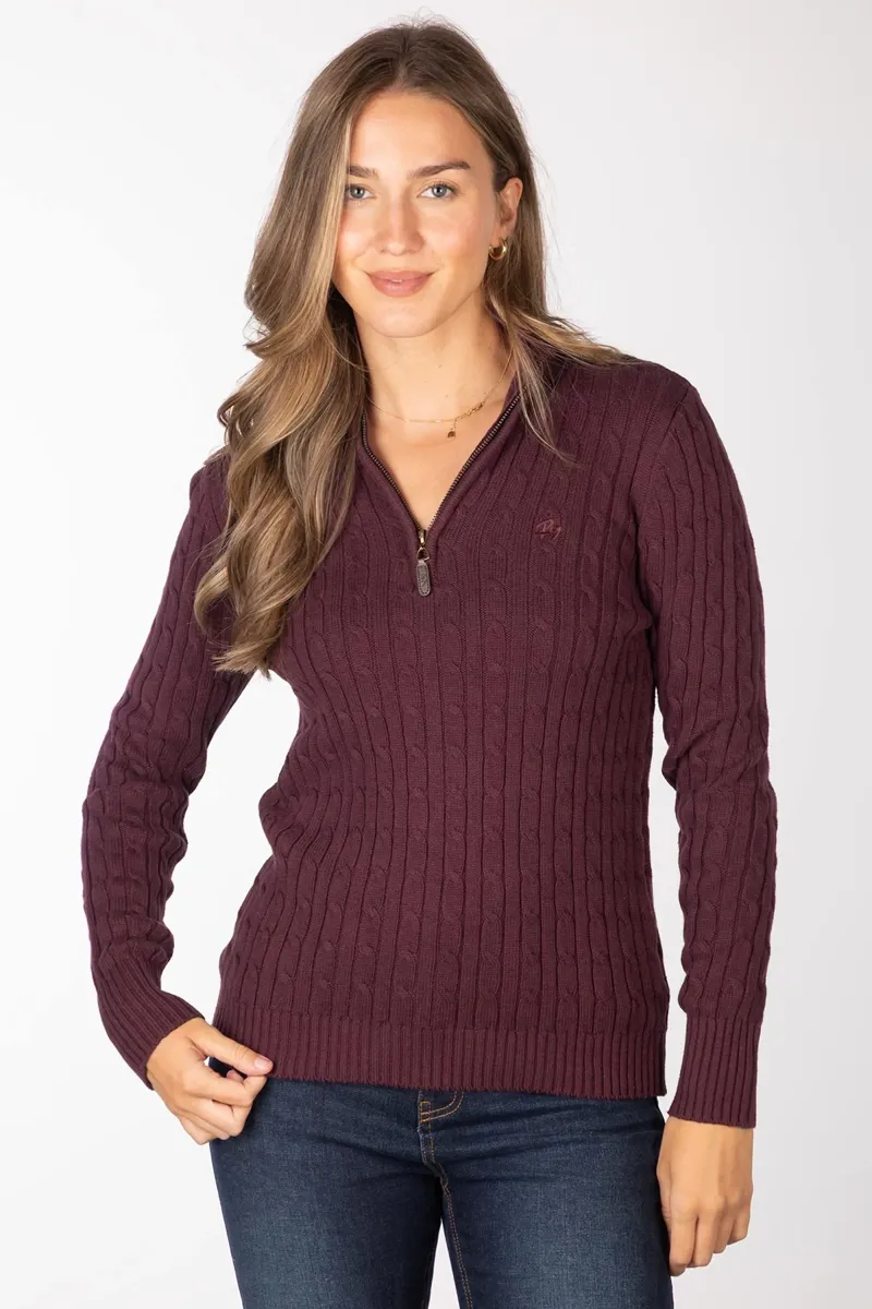 Rydale Ladies Emma Quarter Zip Cable Knit Jumper - Burgundy