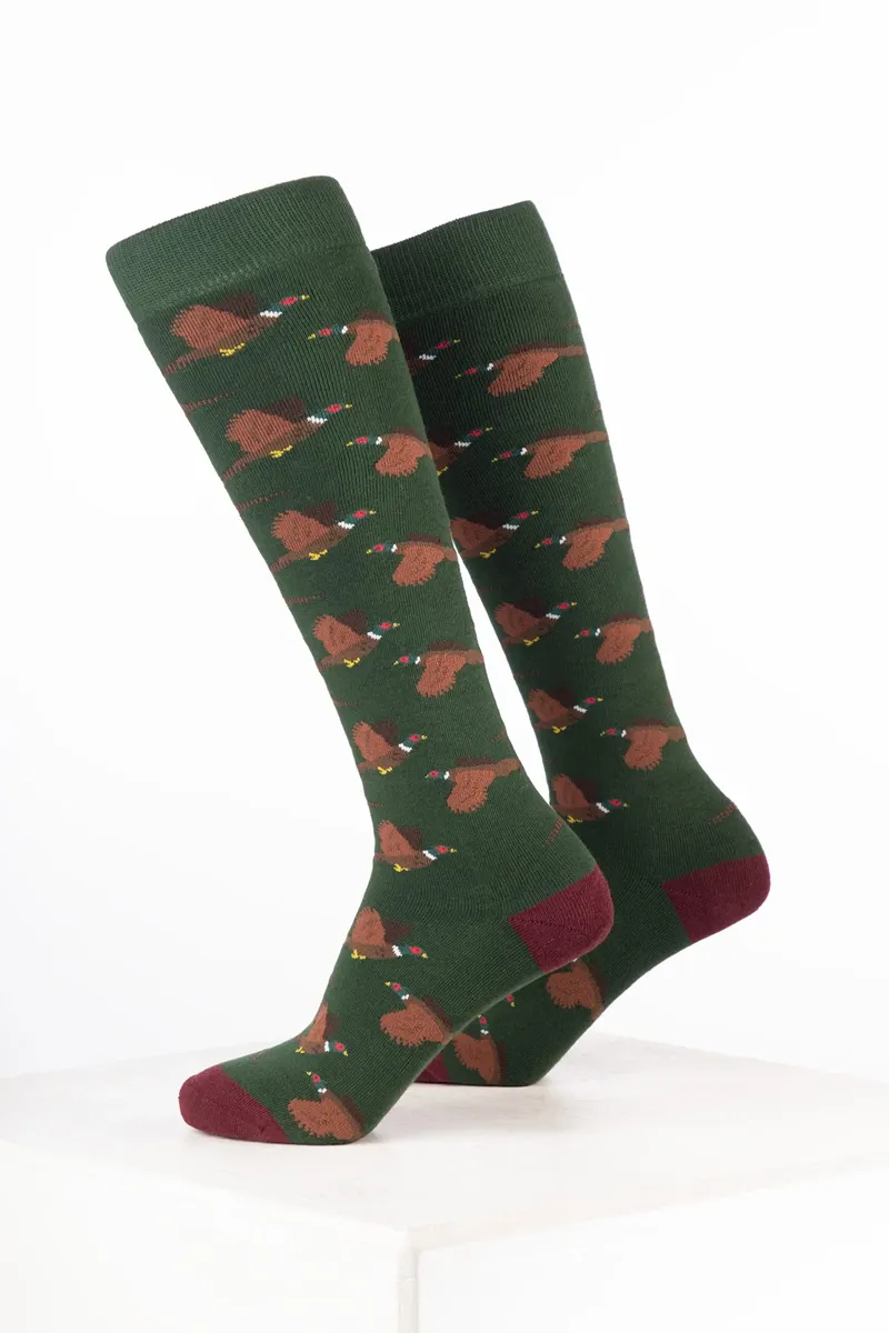 Rydale Men's Bird Welly Socks Pack of 10 - Flying Pheasant Dark Olive-1