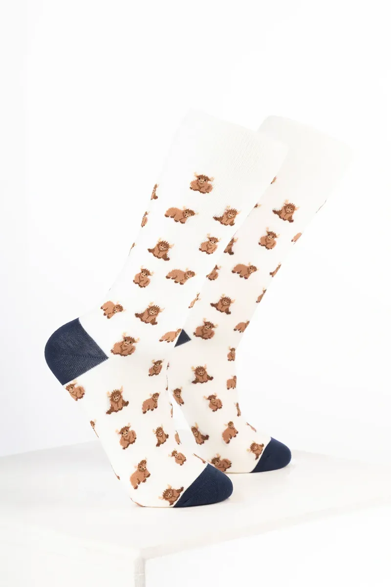 Rydale Womens Bamboo Rich Cow Ankle Socks Pack of 10 - Highland Cow Cream