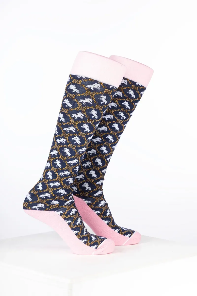Rydale Womens Bamboo Rich Equestrian Print Riding Socks Pack of Ten - Horse and Snaffle Navy