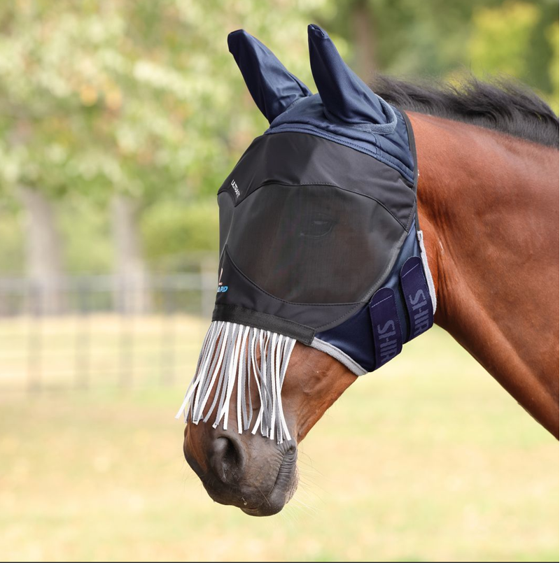 Shires FlyGuard Pro Deluxe Fly Mask With Ears and Nose Fringe - Navy