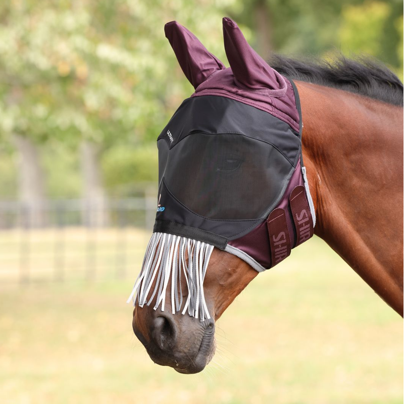 Shires FlyGuard Pro Deluxe Fly Mask With Ears and Nose Fringe - Black Cherry 