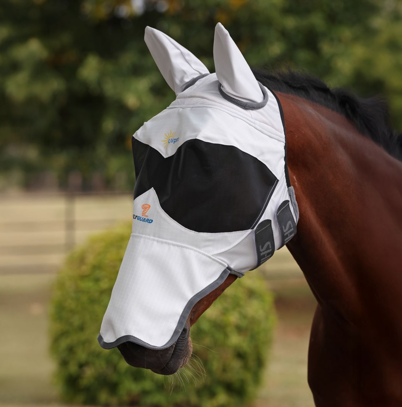 Shires FlyGuard Pro Sun Shade Fly Mask With Ears and Nose - White