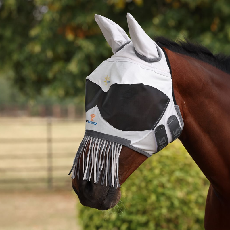 Shires FlyGuard Pro Sun Shade Fly Mask With Ears and Nose Fringe - White