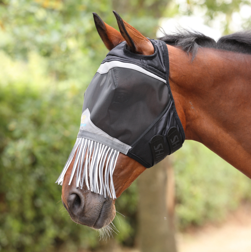 Shires FlyGuard Pro Fine Mesh Fly Mask With Ear Holes and Nose Fringe - Jet-1