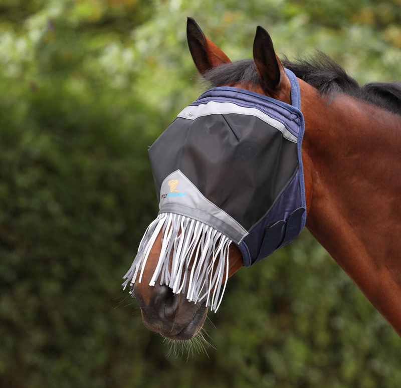 Shires FlyGuard Pro Fine Mesh Earless Fly Mask With Nose Fringe - Navy-1