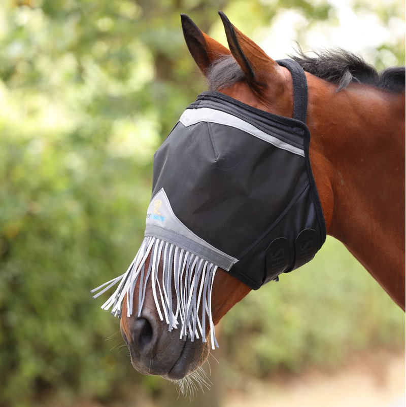 Shires FlyGuard Pro Fine Mesh Earless Fly Mask With Nose Fringe - Jet-1