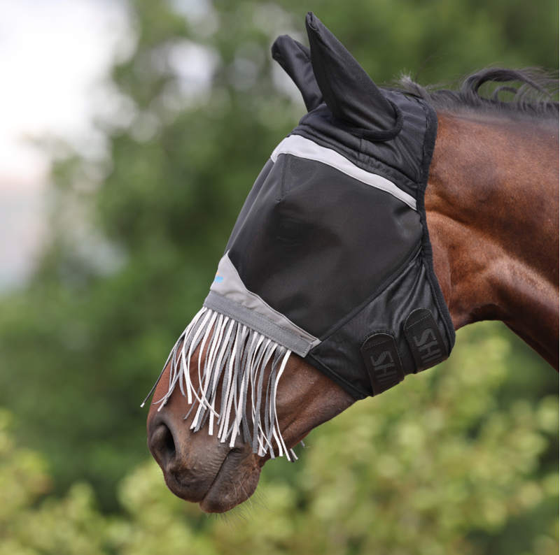 Shires FlyGuard Pro Fine Mesh Fly Mask With Ears and Nose Fringe - Jet