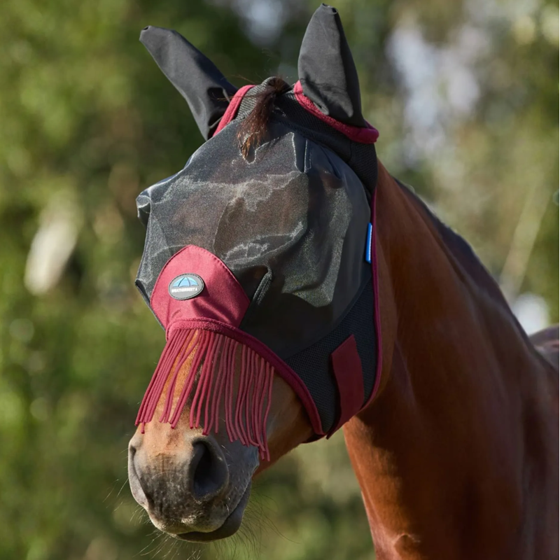 WeatherBeeta ComFiTec Fine Mesh Fly Mask With Ears and Tassels - Black/Burgundy 