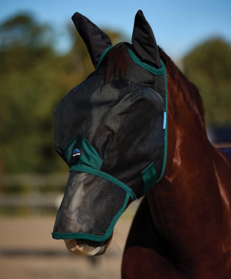 WeatherBeeta ComFiTec Durable Mesh Fly Mask With Ears and Nose - Black/Forest Green 