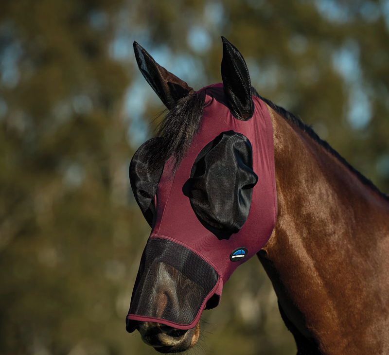 WeatherBeeta ComFiTec Luxe Stretch Fly Mask With Ears and Nose - Burgundy/Black 