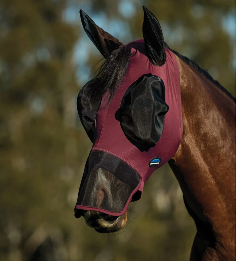 WeatherBeeta ComFiTec Deluxe Stretch Fly Mask With Ears - Burgundy/Black 