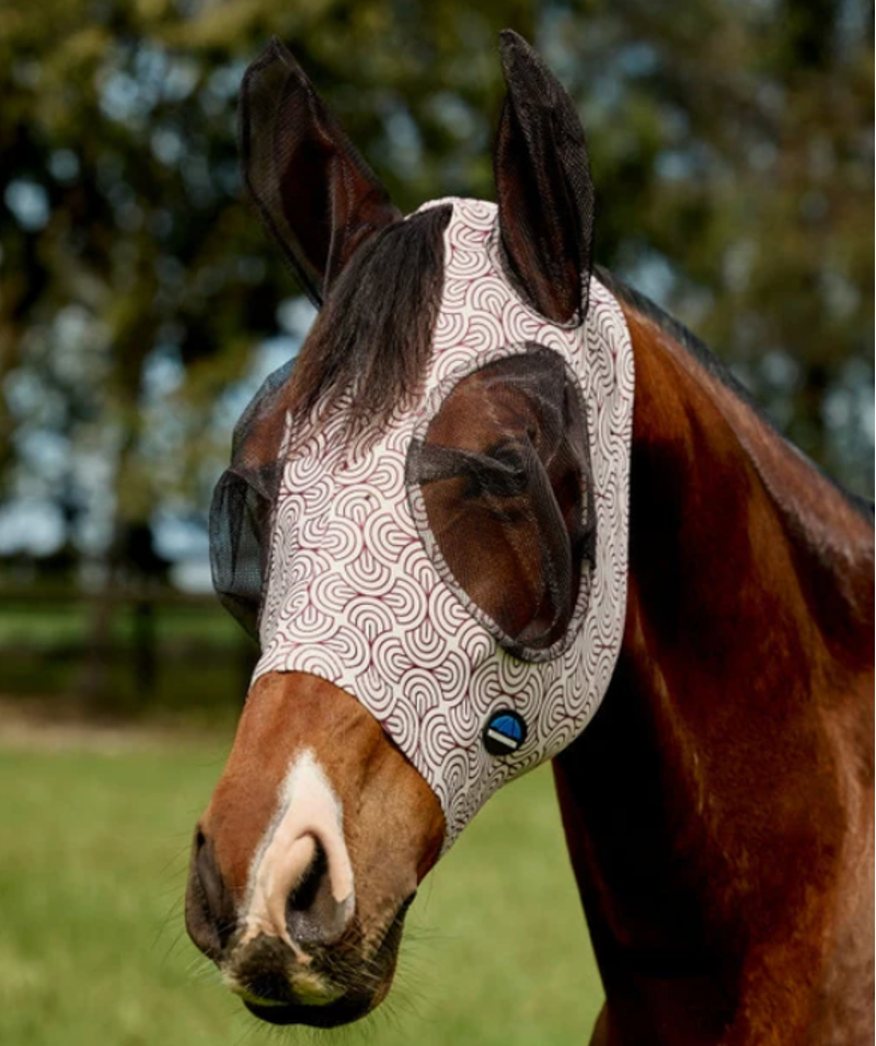 WeatherBeeta ComFiTec Stretch Fly Mask With Ears - White/Burgundy Bit Print 