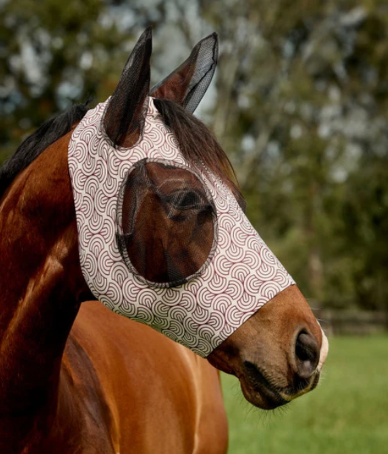 WeatherBeeta ComFiTec Stretch Fly Mask With Ears - White/Burgundy Bit Print -1