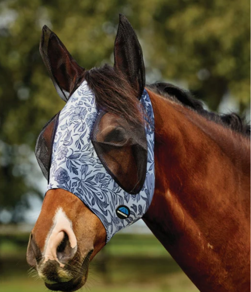 WeatherBeeta ComFiTec Stretch Fly Mask With Ears - White/Navy Floral Print