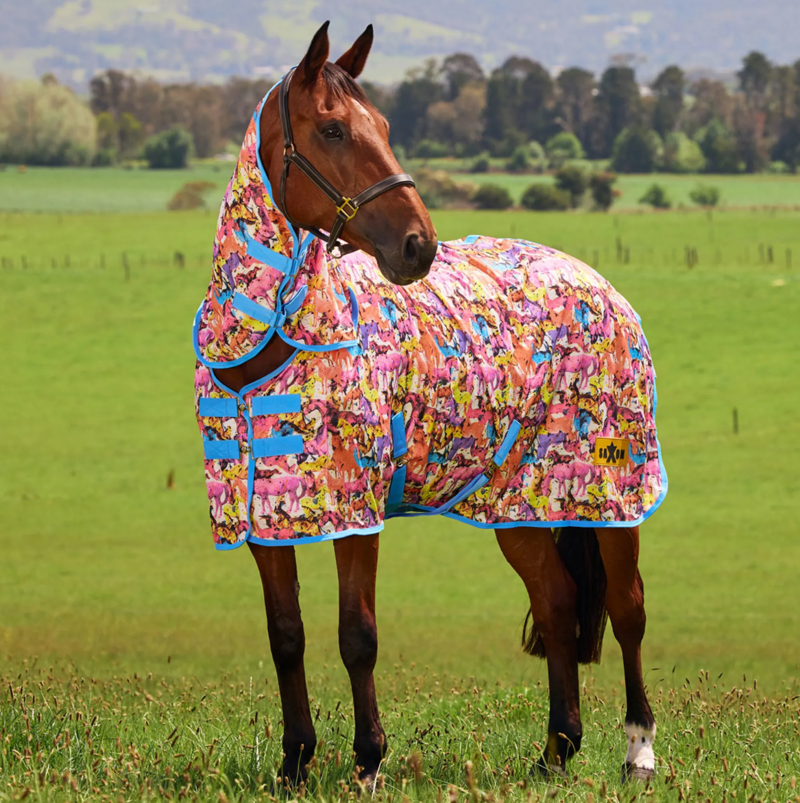 Saxon Mesh Fly Rug Combo Neck - Technicolour Horses Print 