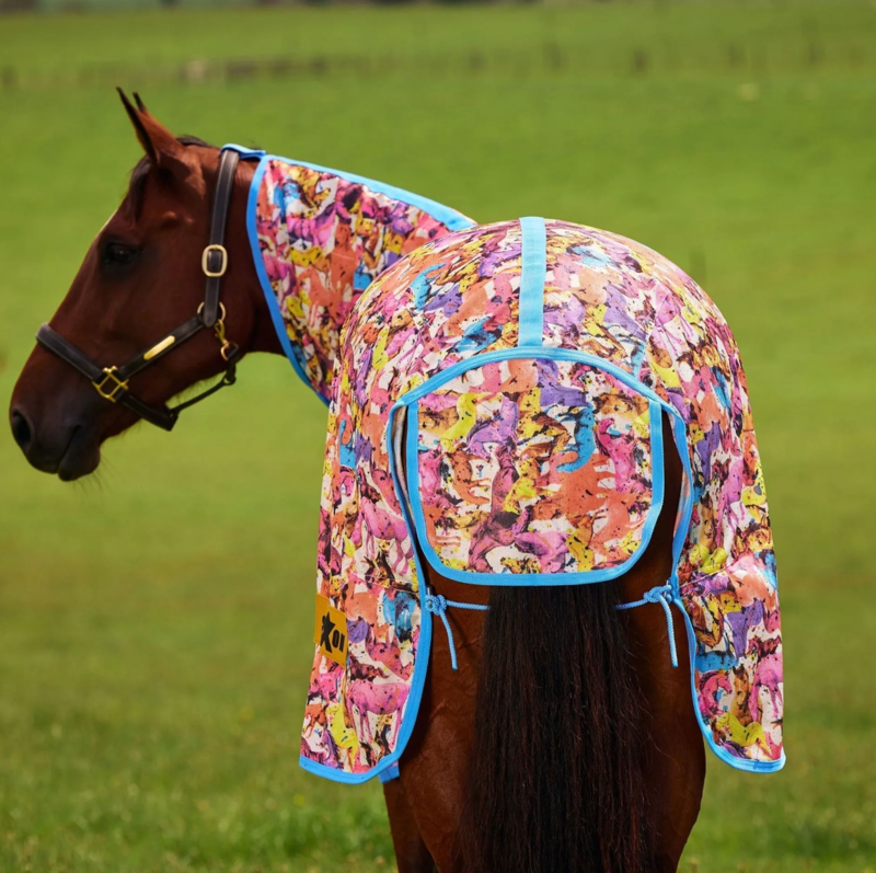Saxon Mesh Fly Rug Combo Neck - Technicolour Horses Print -1