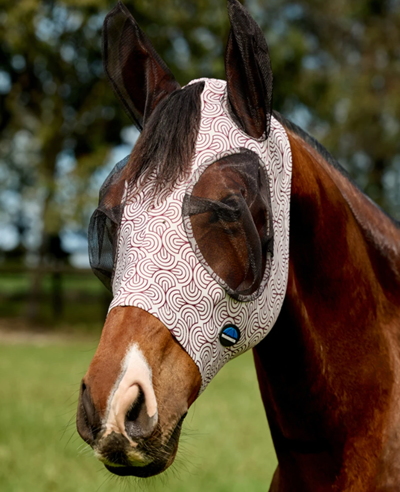 WeatherBeeta ComFiTec Deluxe Stretch Fly Mask With Ears - White/Burgundy Bit Print