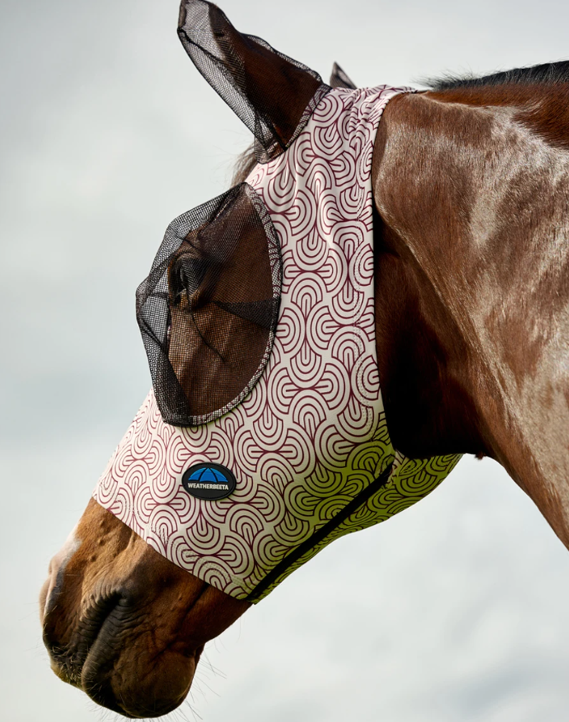 WeatherBeeta ComFiTec Deluxe Stretch Fly Mask With Ears - White/Burgundy Bit Print-1