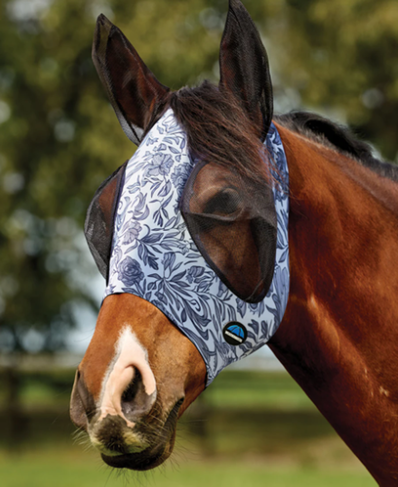 WeatherBeeta ComFiTec Deluxe Stretch Fly Mask With Ears - White/Navy Floral Print