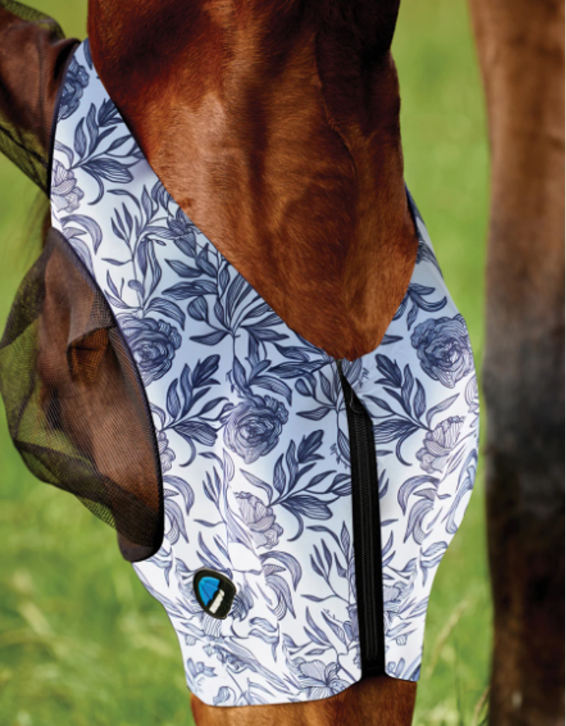 WeatherBeeta ComFiTec Deluxe Stretch Fly Mask With Ears - White/Navy Floral Print-1