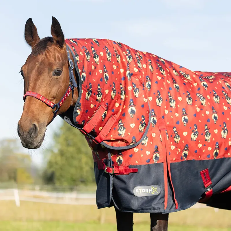 Hy StormX Original 200g Thelwell Collection Balancing Act Combi Turnout Rug - Red/Navy-2