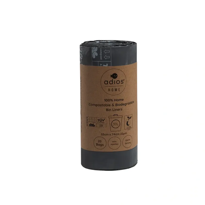 Adios Compostable Tie Handle 30L Bin Liners - Single Roll 20 Bags