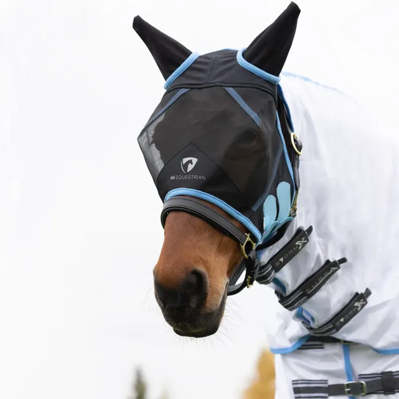 Hy Equestrian Mesh Half Mask With Ears - Black/Light Blue