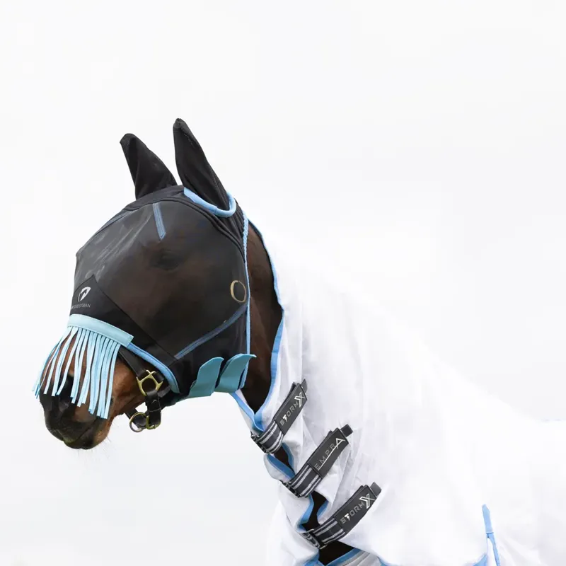 Hy Equestrian Mesh Half Mask with Ears and Fringe - Black/Light Blue