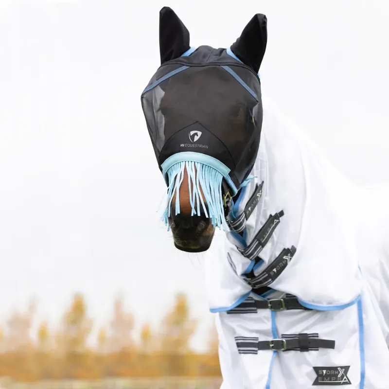 Hy Equestrian Mesh Half Mask with Ears and Fringe - Black/Light Blue-1