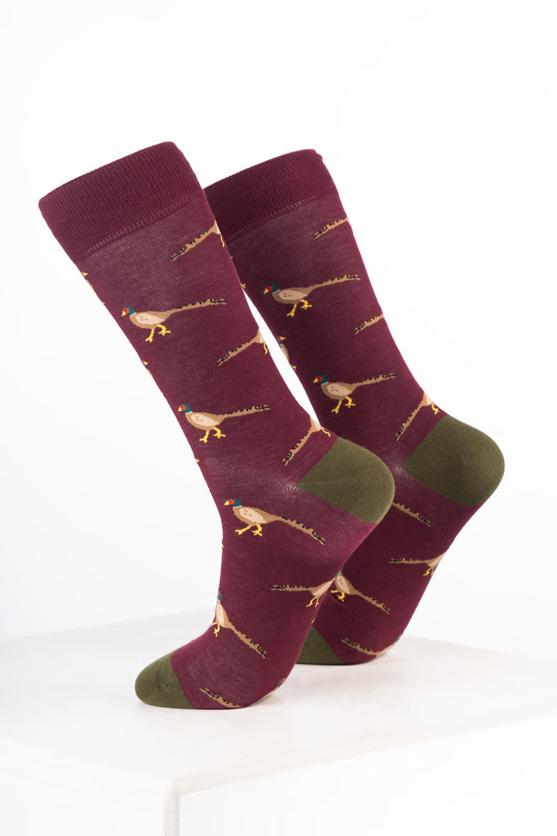 Rydale Men's Bamboo Bird Ankle Socks Pack of 10 - Walking Pheasant Wine-1