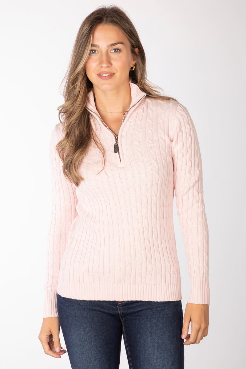 Rydale Ladies Emma Quarter Zip Cable Knit Jumper - Perfect Pink