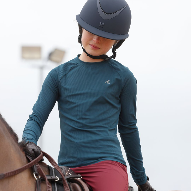 Shires Aubrion Equestrian Ribbed Long Sleeve Top Young Rider - Estate Blue-1