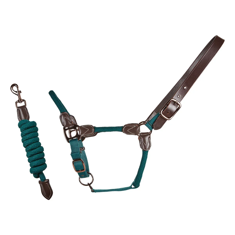 Cameo Rope Leather Headcollar and Leadrope - Evergreen