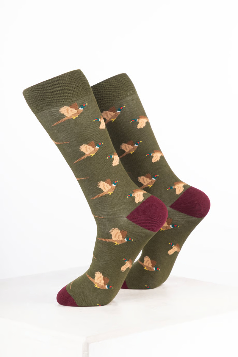 Rydale Men's Bamboo Bird Ankle Socks Pack of 10 - Flying Pheasant Dark Olive-1