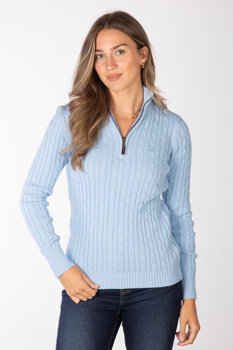 Rydale Ladies Emma Quarter Zip Cable Knit Jumper - Soft Blue