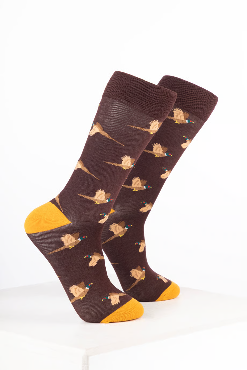 Rydale Men's Bamboo Bird Ankle Socks Pack of 10 - Flying Pheasant Brown