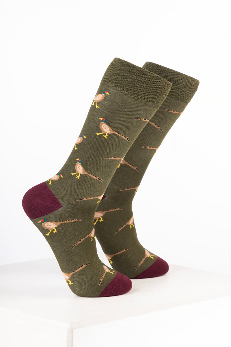 Rydale Men's Bamboo Bird Ankle Socks Pack of 10 - Walking Pheasant Dark Olive