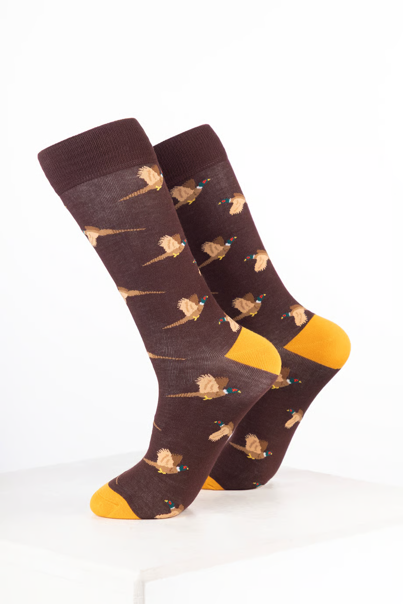 Rydale Men's Bamboo Bird Ankle Socks Pack of 10 - Flying Pheasant Brown-1