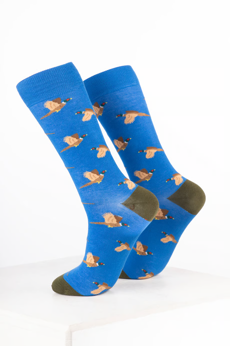 Rydale Men's Bamboo Bird Ankle Socks Pack of 10 - Flying Pheasant Blue-1