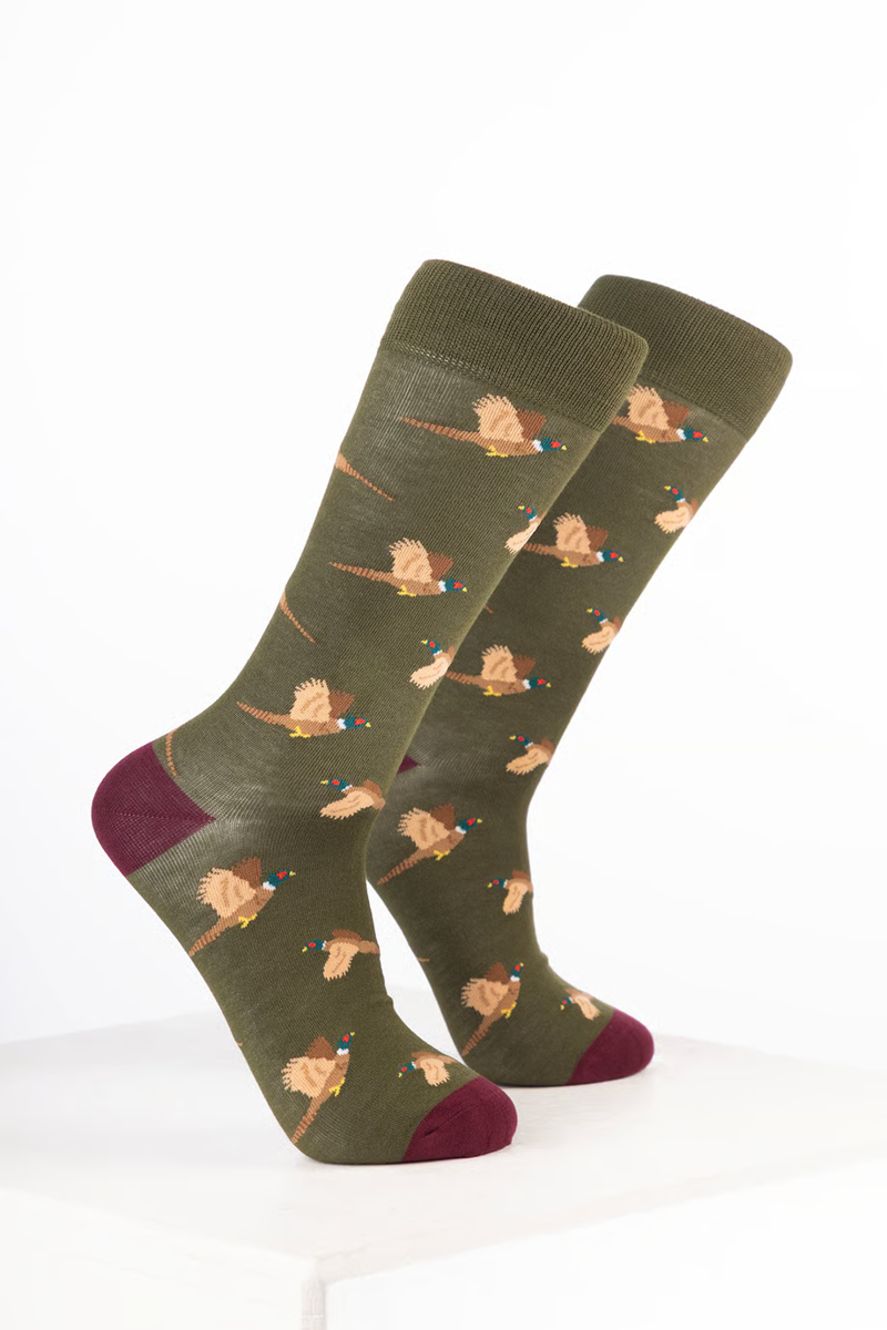 Rydale Men's Bamboo Bird Ankle Socks Pack of 10 - Flying Pheasant Dark Olive