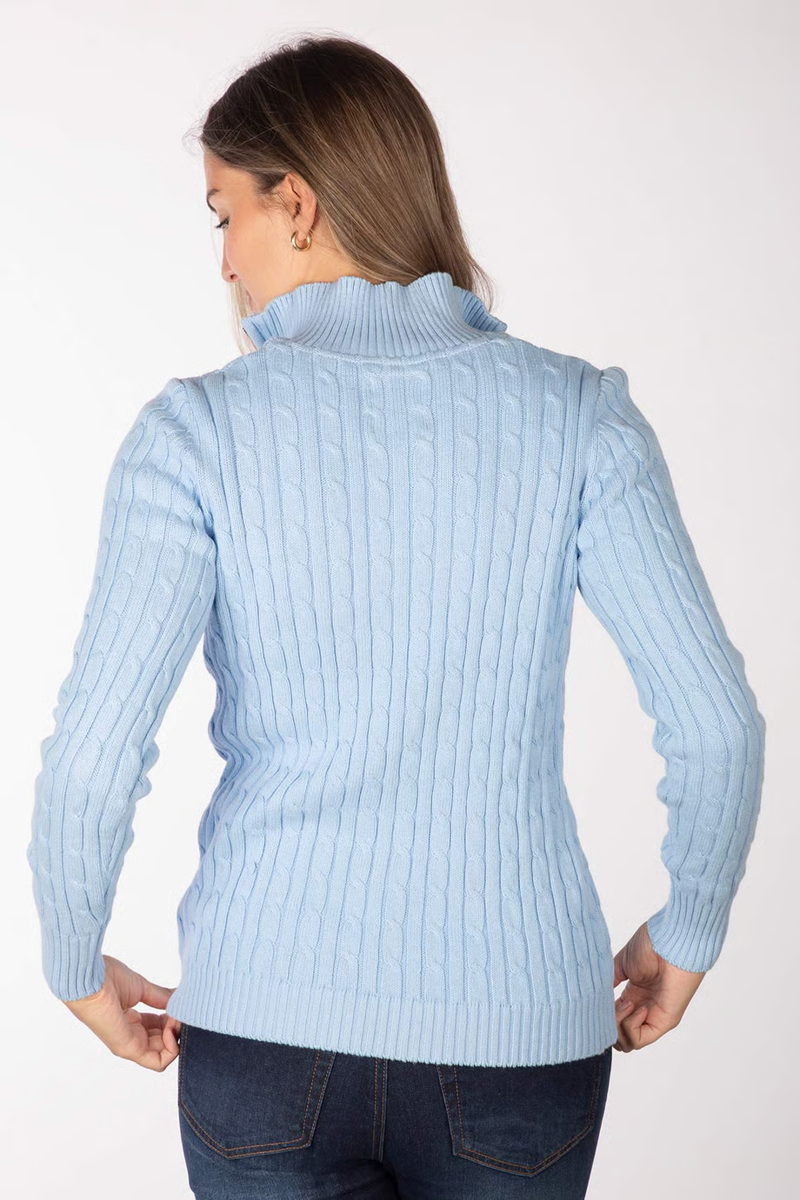 Rydale Ladies Emma Quarter Zip Cable Knit Jumper - Soft Blue-1