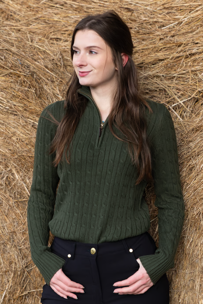 Rydale Ladies Emma Quarter Zip Cable Knit Jumper - Khaki
