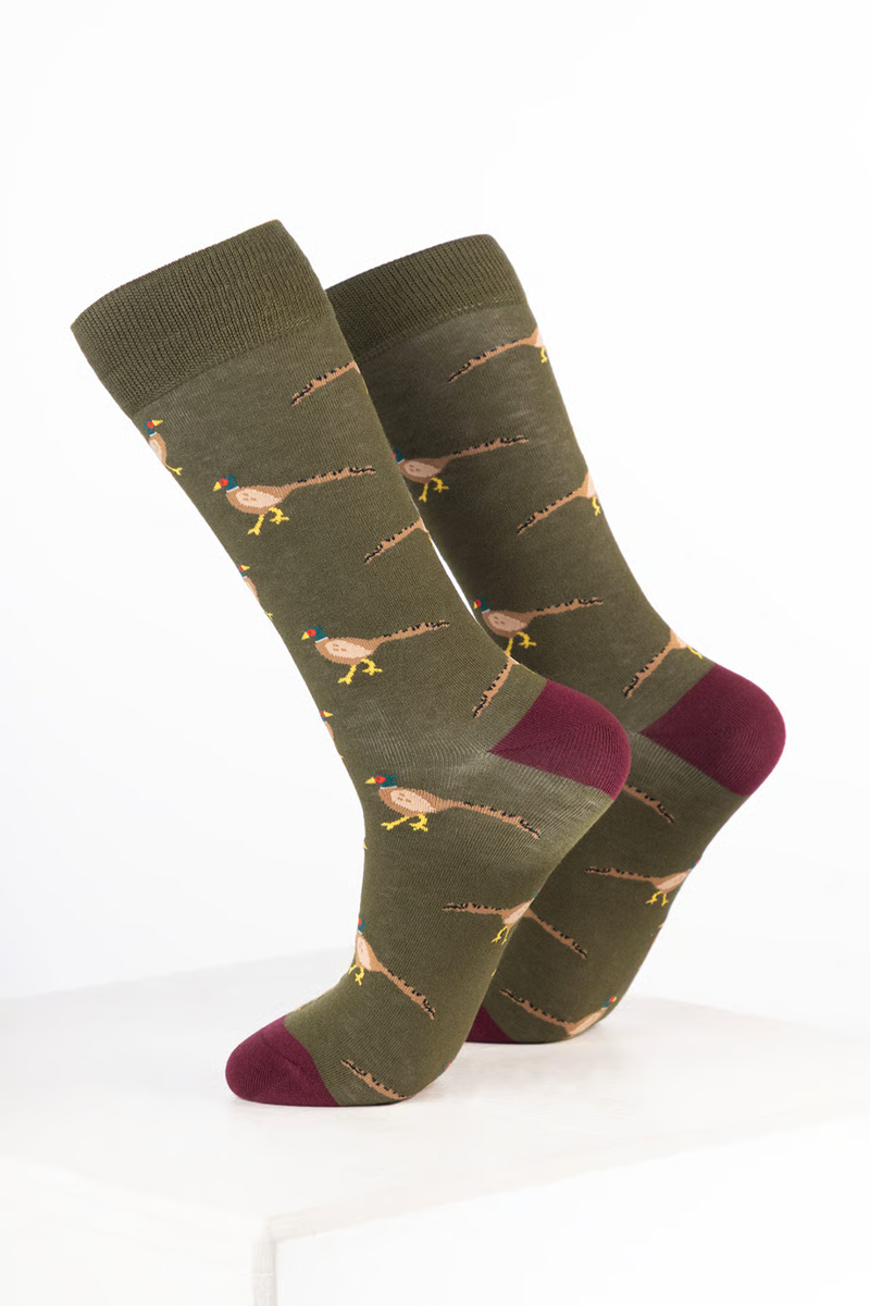 Rydale Men's Bamboo Bird Ankle Socks Pack of 10 - Walking Pheasant Dark Olive-1