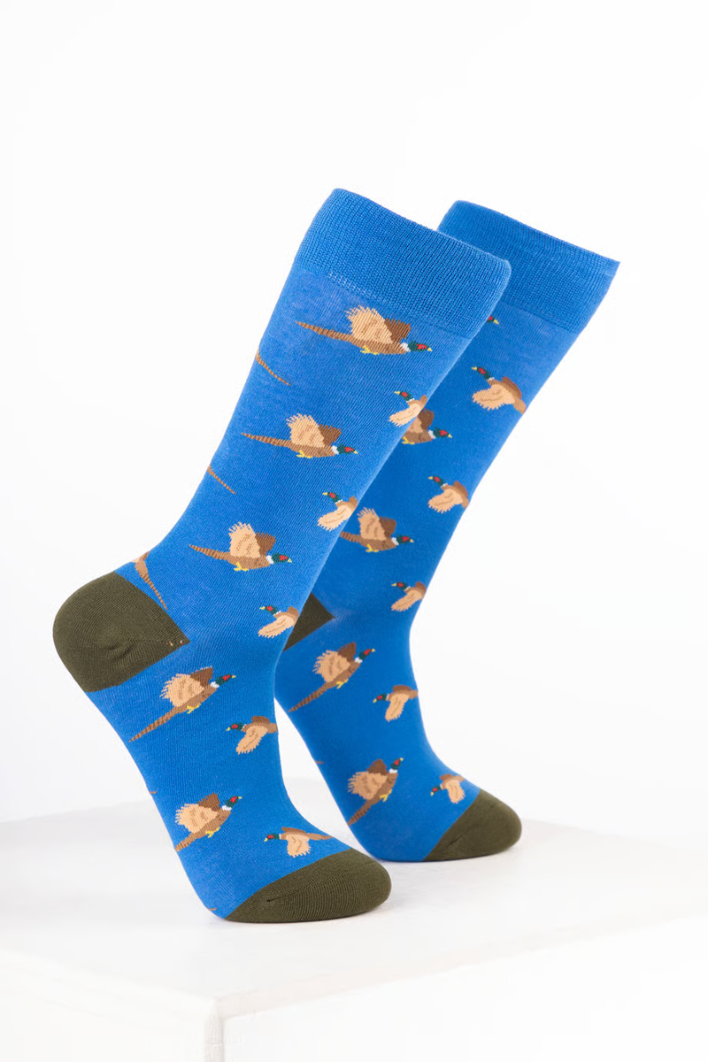 Rydale Men's Bamboo Bird Ankle Socks Pack of 10 - Flying Pheasant Blue