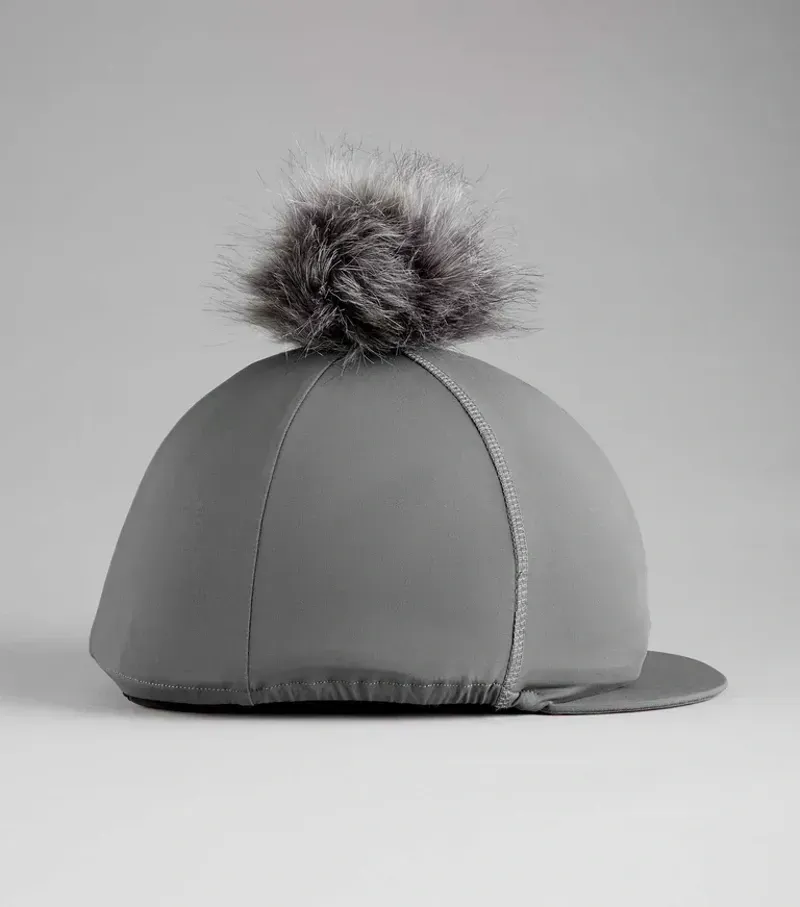 Premier Equine Jersey Hat Silk With Faux Fur Pom Pom - Anthracite-1
