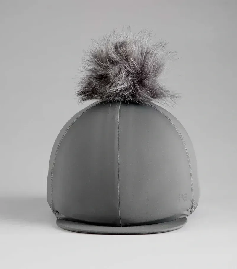 Premier Equine Jersey Hat Silk With Faux Fur Pom Pom - Anthracite-2